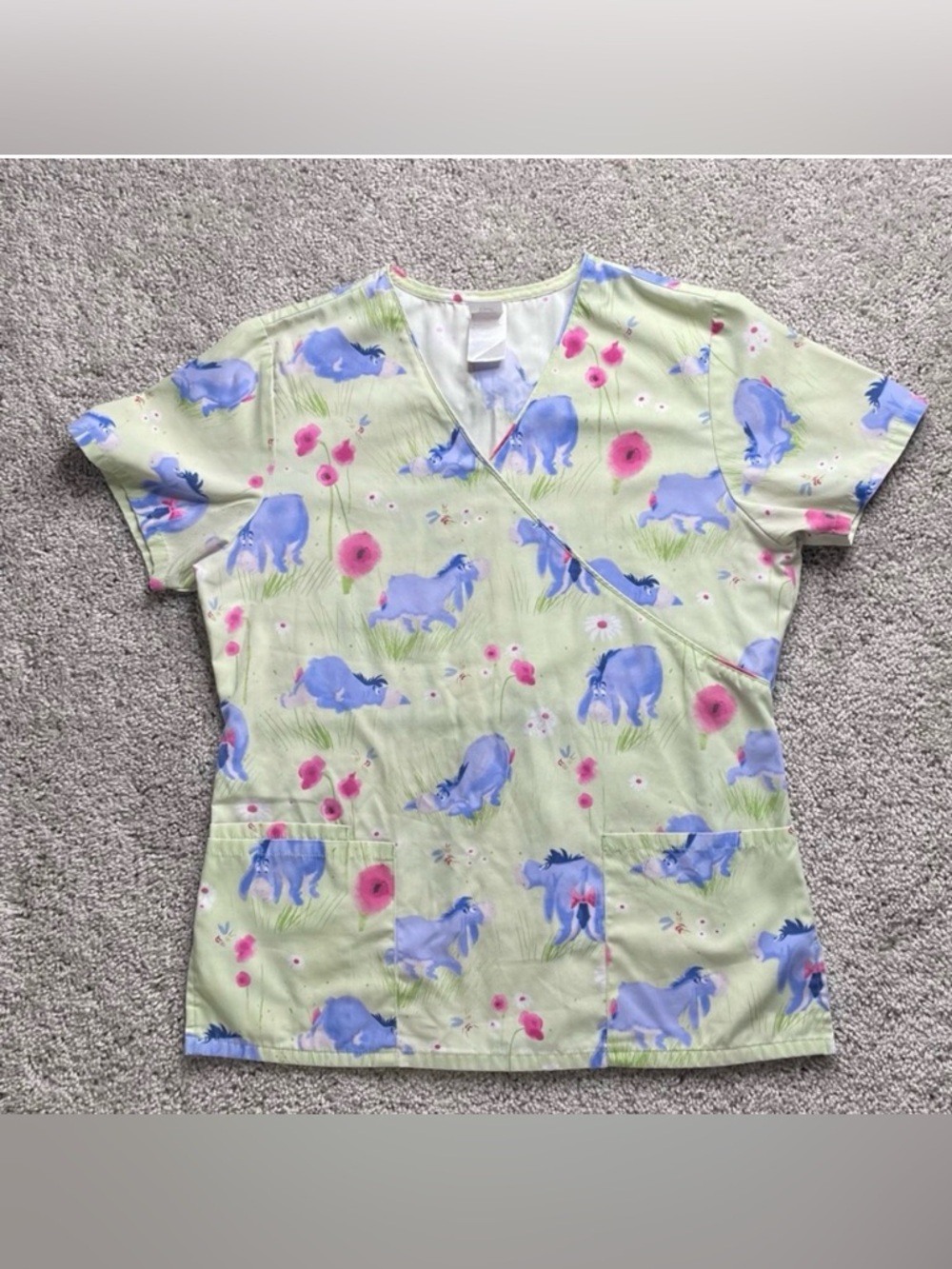 Disney Eeyore Scrub Top Size L V-Neck Pockets Back Tie Multicolor